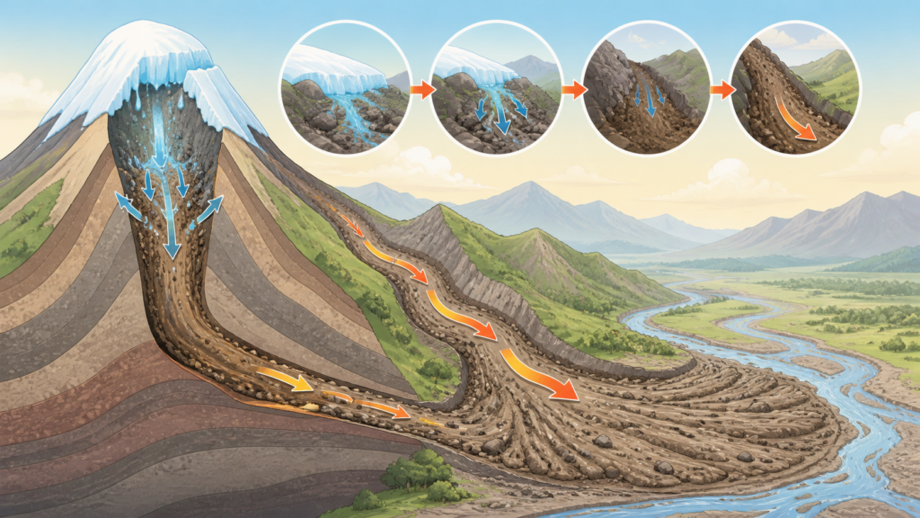 ラハール（火山泥流）の発生メカニズムを示す断面図イラスト
