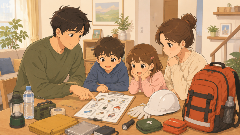 家族で防災チェックリストを確認しているやさしいイラスト