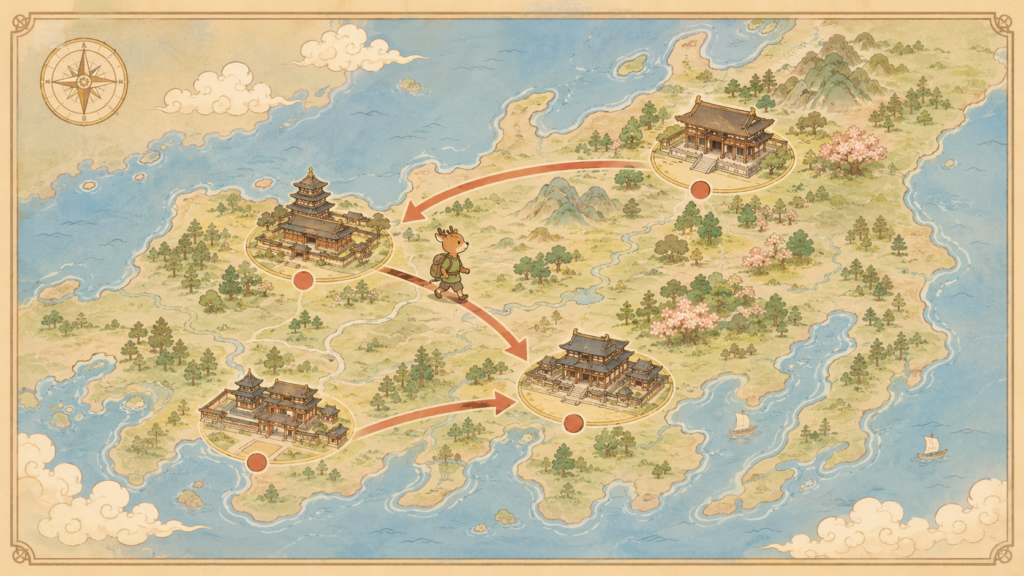 聖武天皇の彷徨五年・4回の遷都ルートを示すやさしいイラスト