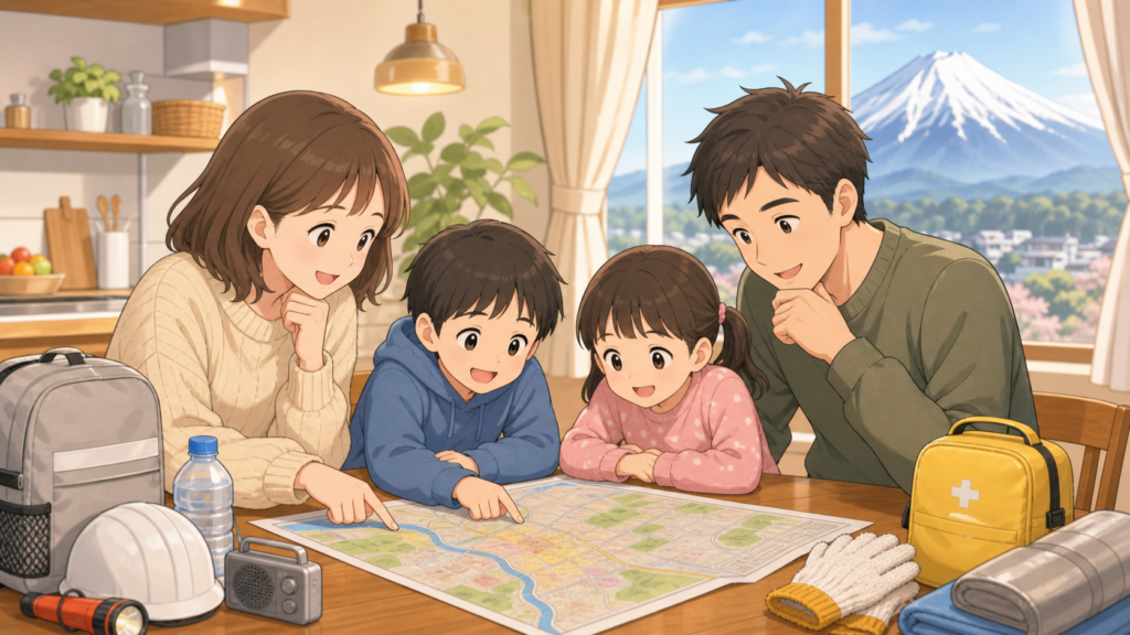 家族が火山防災マップを確認しているイラスト・窓の外に雪をかぶった火山