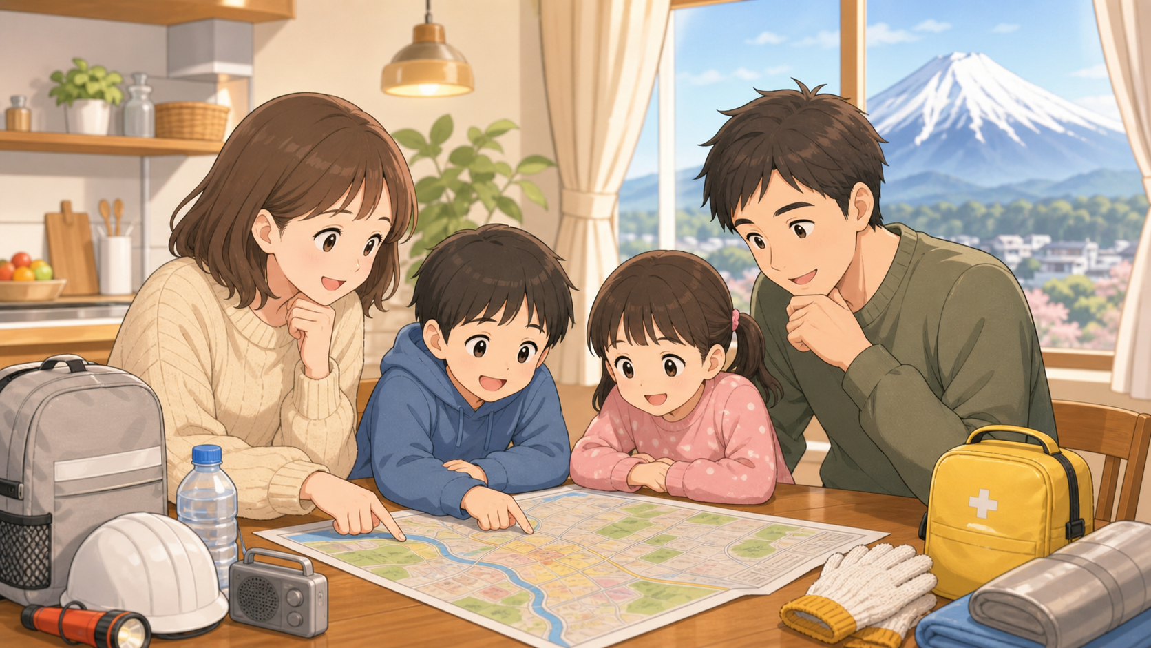 家族が火山防災マップを確認しているイラスト・窓の外に雪をかぶった火山