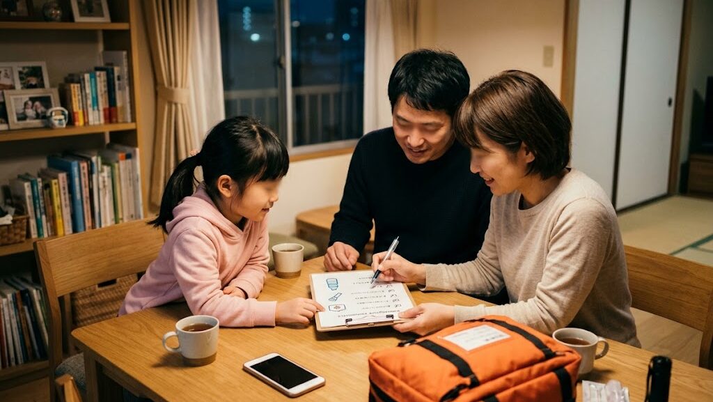 家族で防災チェックリストを確認しながら緊急地震速報への備えを整える様子