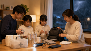 停電対策と備えを準備する家族