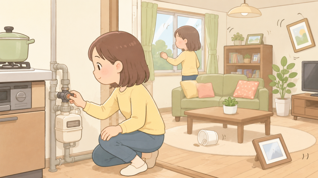 地震直後にガスの元栓を閉める防災行動を示した教育イラスト