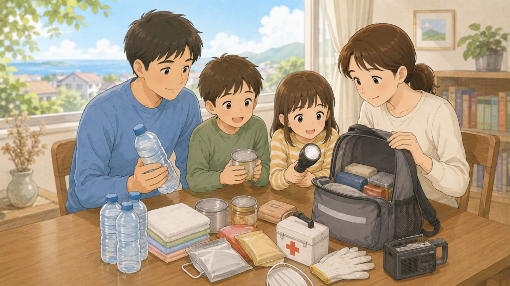 家族で防災リュックの中身を確認している備えのイラスト