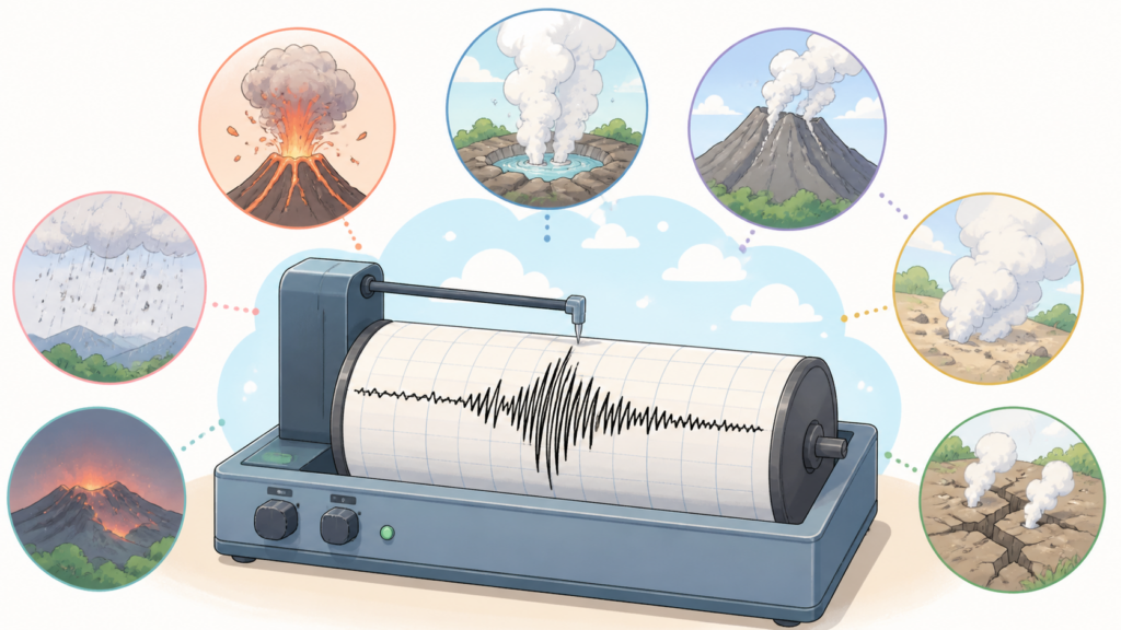 地震計と火山活動の前兆サインを示す教育的イラスト