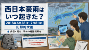西日本豪雨が2018年6月28日から7月8日に起きた記録的大雨であることを示し、ハザードマップと早めの避難判断を確認する家族の防災イラスト