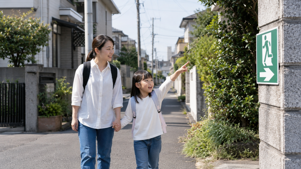 親子で避難経路を歩きながら防災を学ぶシーン