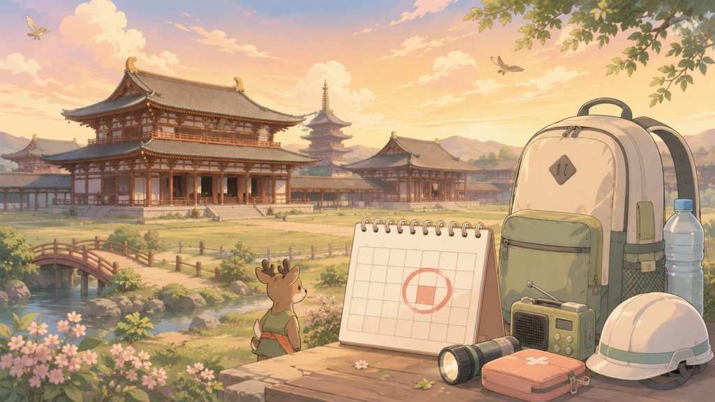 6月5日・天平地震と聖武天皇の遷都をテーマにした防災カレンダーのイラスト