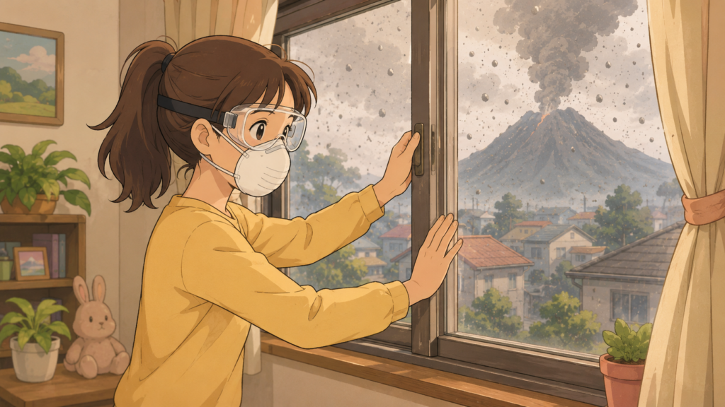 マスクとゴーグルで火山灰対策をする人物のアニメイラスト