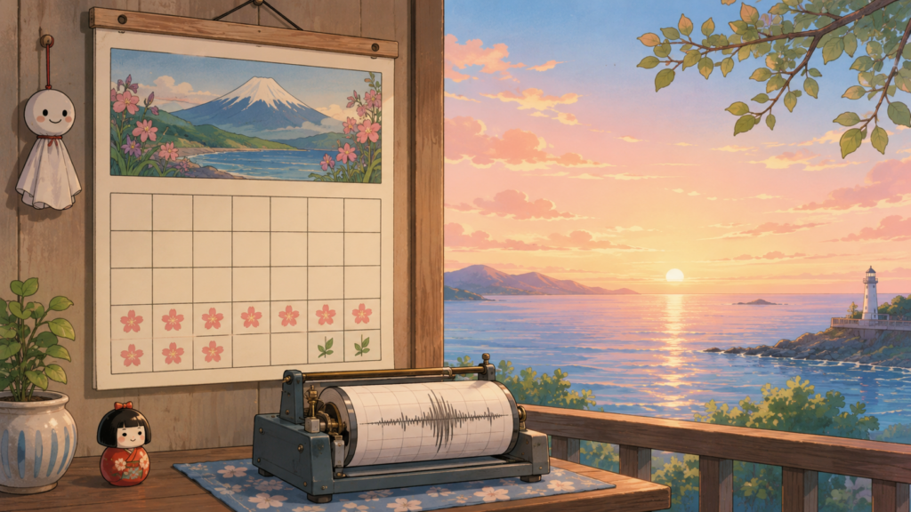 5月26日を示すカレンダーと地震計が並ぶ、日本海中部地震発生日を象徴するやさしいイラスト