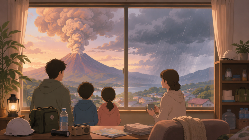 火山噴火と台風が重なる複合災害への備えをイメージしたアニメ調イラスト