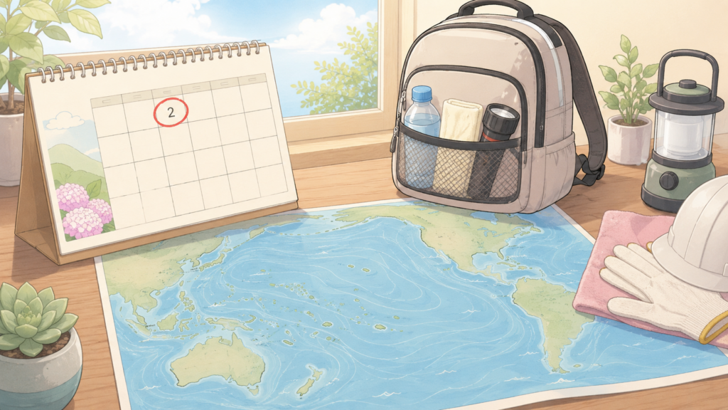 6月2日の防災カレンダーとアリューシャン列島地震を振り返るイラスト