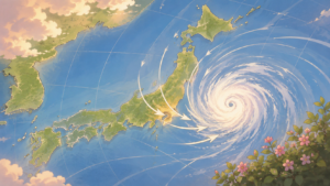 伊勢湾台風の進路と規模を示す気象図のイラスト