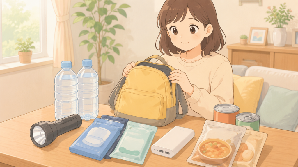 防災チェックリストで防災グッズの備えを確認している場面のイラスト
