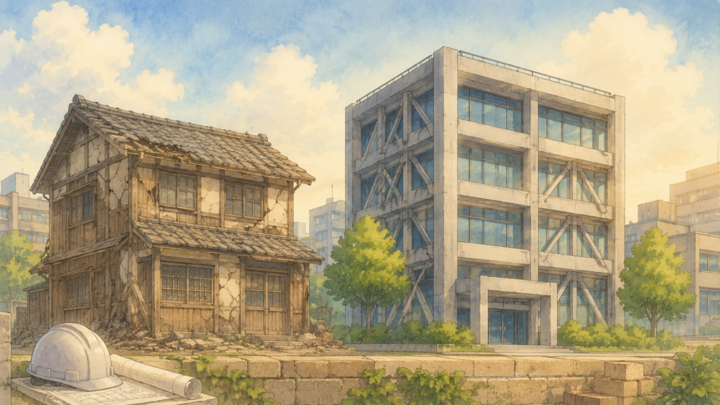建築基準法の制定によって耐震性が向上した建物の変化を示すイラスト