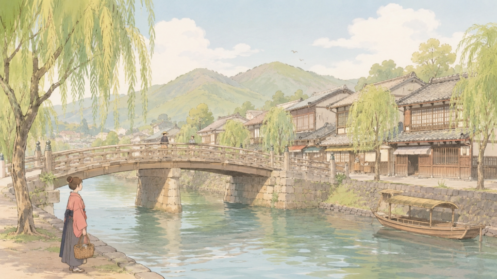 1925年大正時代・北但大震災が発生した兵庫県但馬地方の川沿いの街並みイラスト