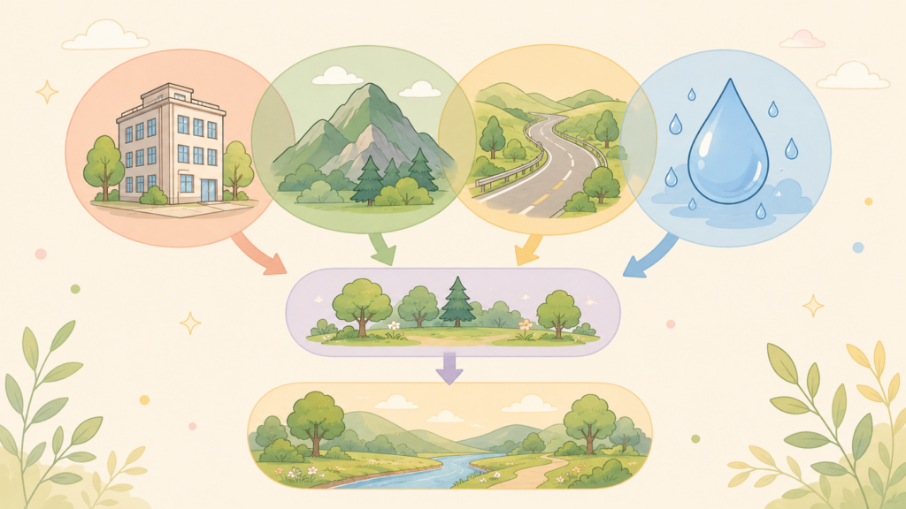 地震被害が広がった複合的な要因を図解したやさしいイラスト