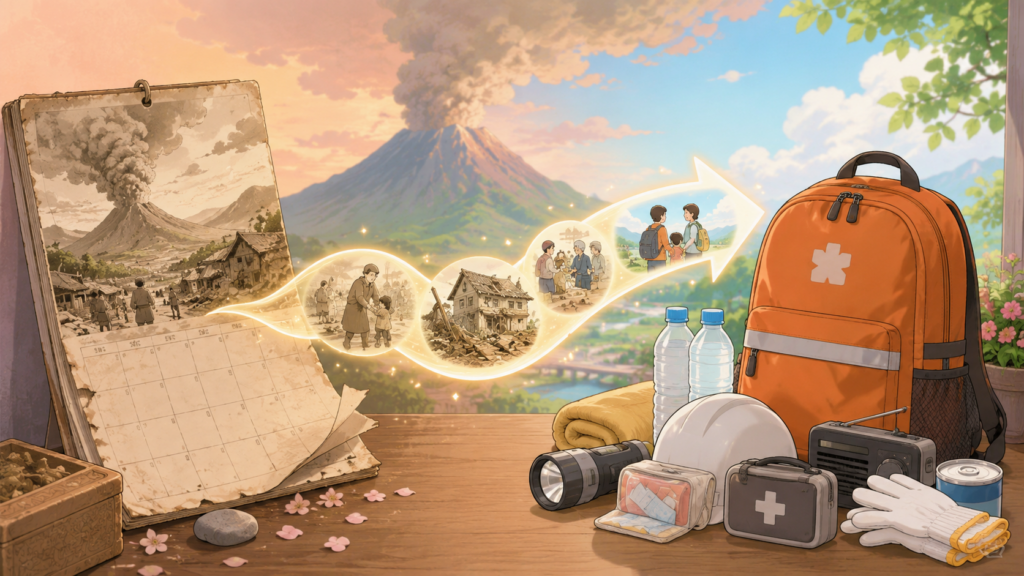 過去の火山災害の記録と現代の防災備えをつなぐタイムラインイラスト
