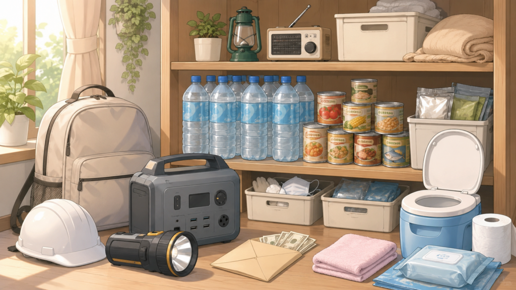 水・食料・懐中電灯・携帯トイレなど備蓄品が整理された棚のやさしいイラスト