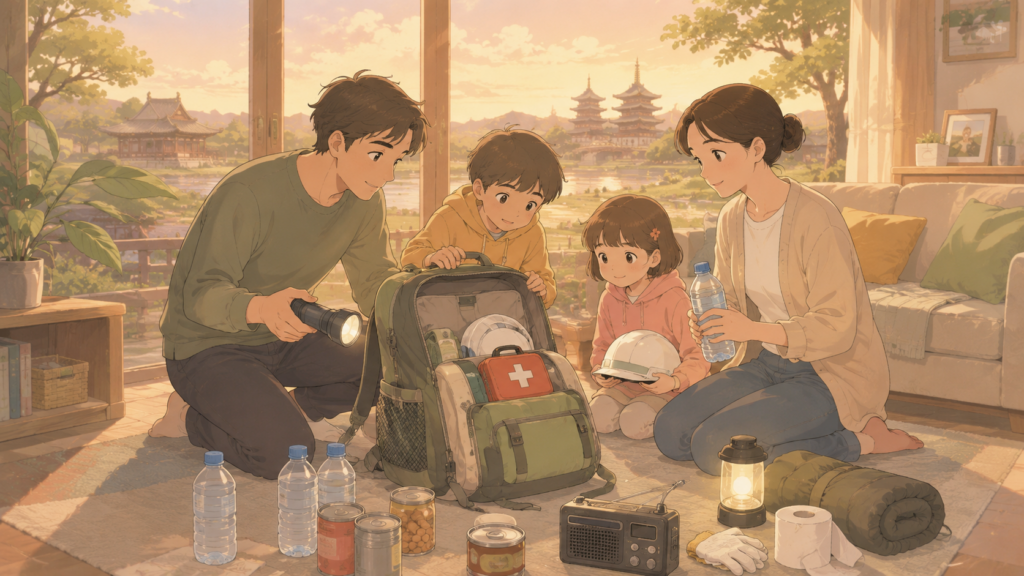 過去の災害の教訓を現代の防災に活かす家族のイラスト