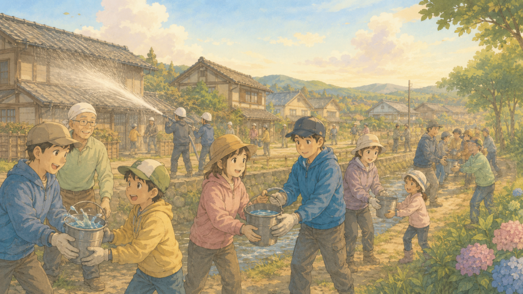 地域の人々が協力して初期消火にあたる共助のシーンを描いたイラスト