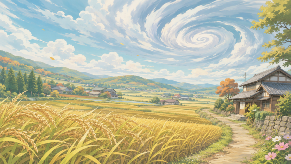 二百十日と台風シーズンの農村風景のアニメイラスト