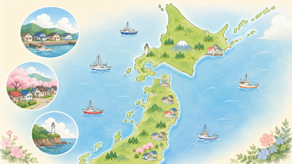 秋田・青森・北海道の沿岸エリアをやさしく示した日本海中部地震の被害地図イラスト