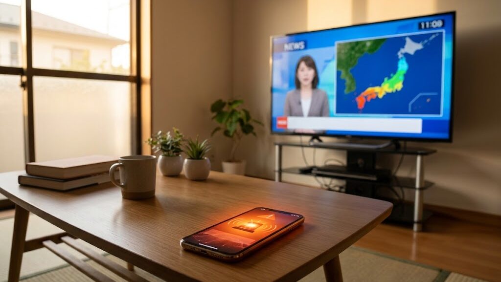 スマホとテレビに緊急地震速報が届いた日本の家庭のリビングの様子