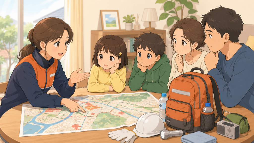 防災士が家族に火山防災の教訓を伝えるシーンのアニメ調イラスト