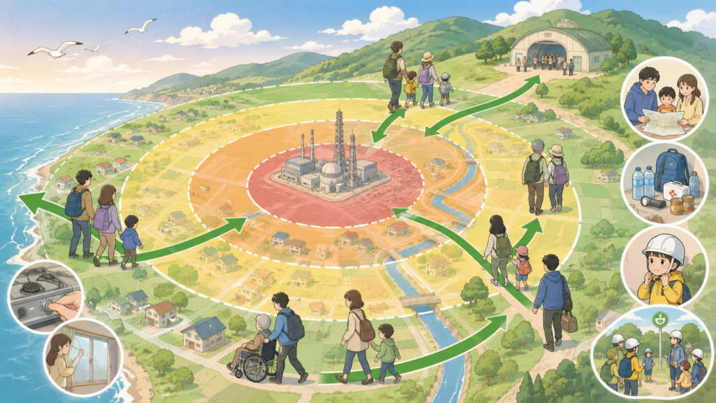 火山噴火の3段階避難ゾーンと事前避難の仕組みをイメージしたイラスト