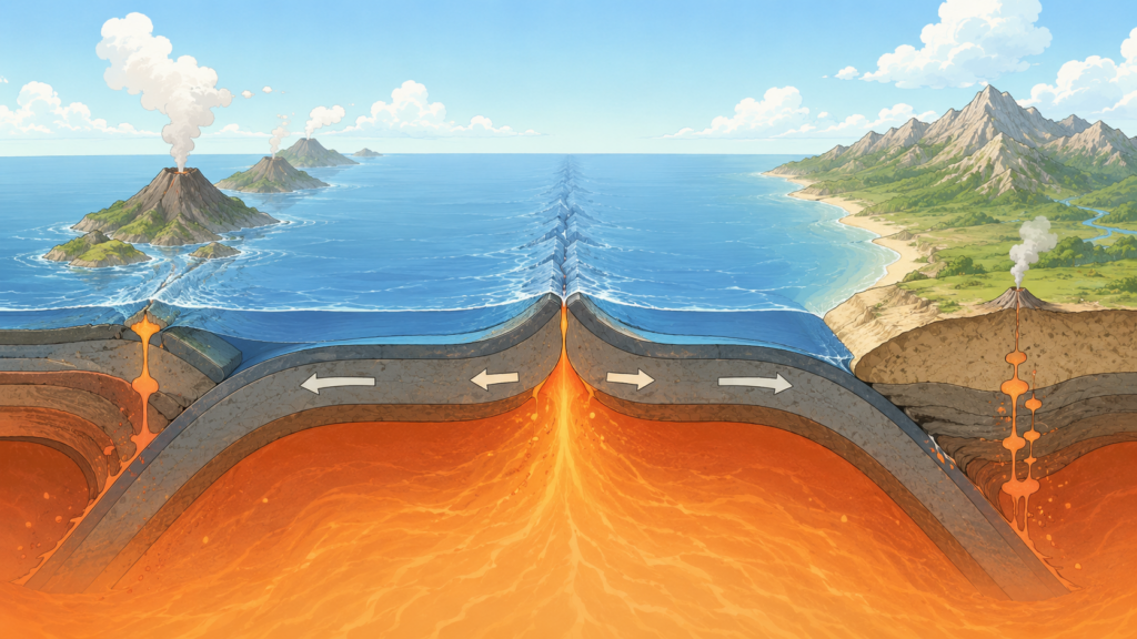 プレートの境界と地震発生の仕組みを図解したやさしいアニメ調のイラスト