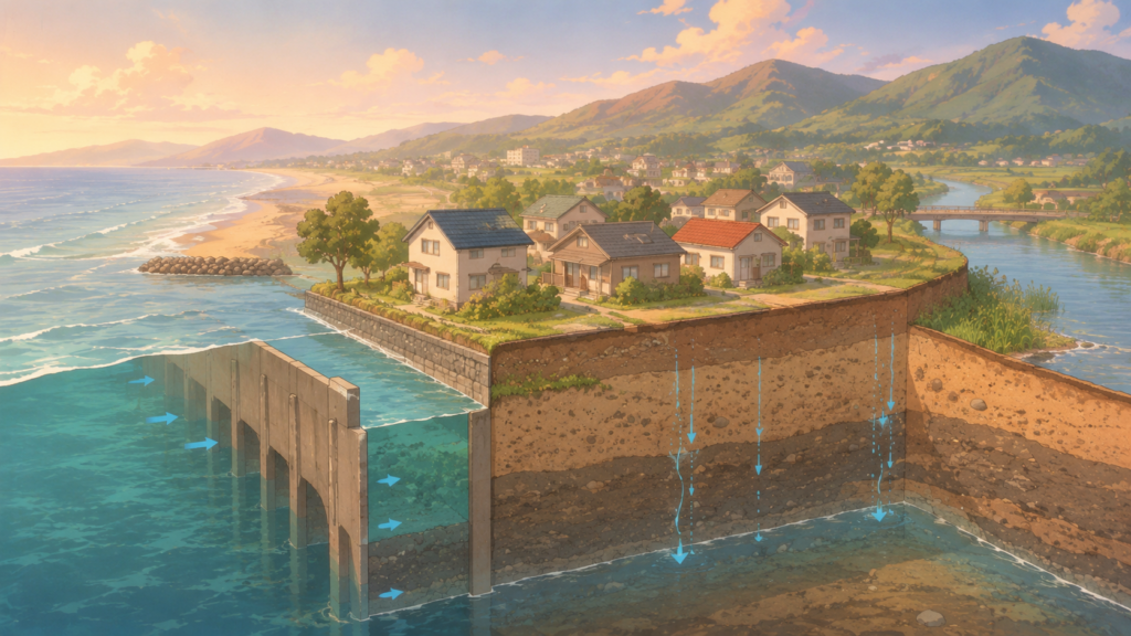 海抜ゼロメートル地帯の地形と住宅の脆弱性を示すイラスト