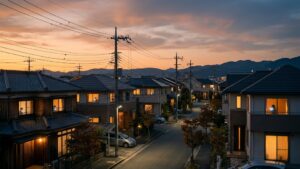 夕暮れの日本の住宅街で緊急地震速報を受け取り備えを確認する家々のイメージ