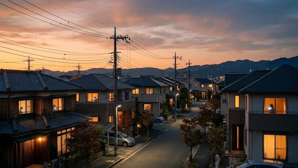 夕暮れの日本の住宅街で緊急地震速報を受け取り備えを確認する家々のイメージ
