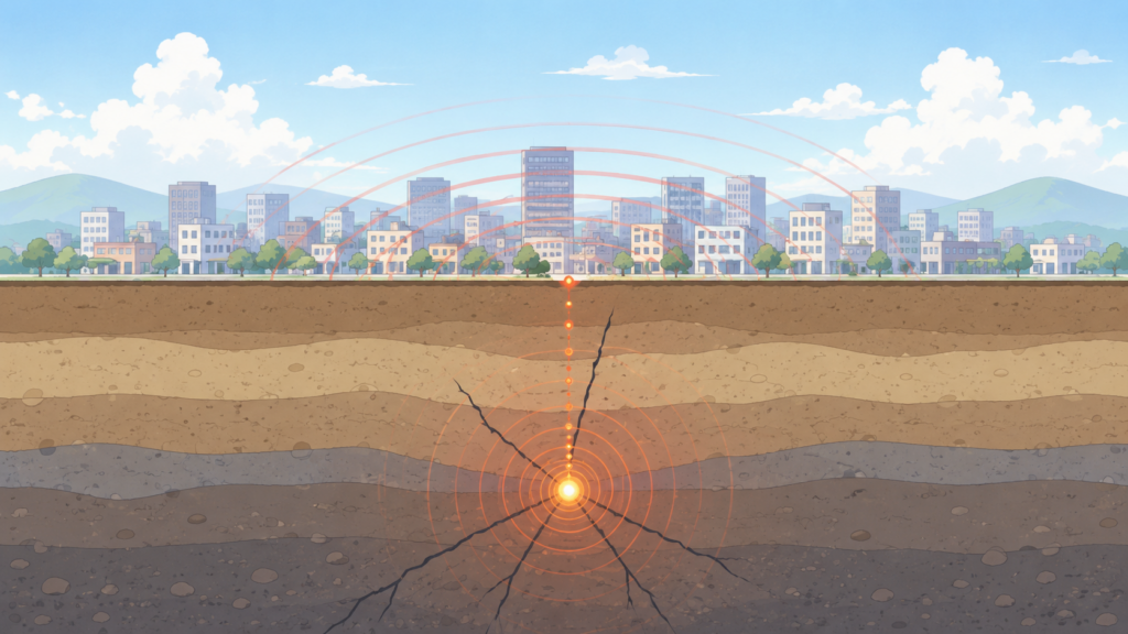 都市直下で発生する直下型地震の位置関係を示す図解イラスト