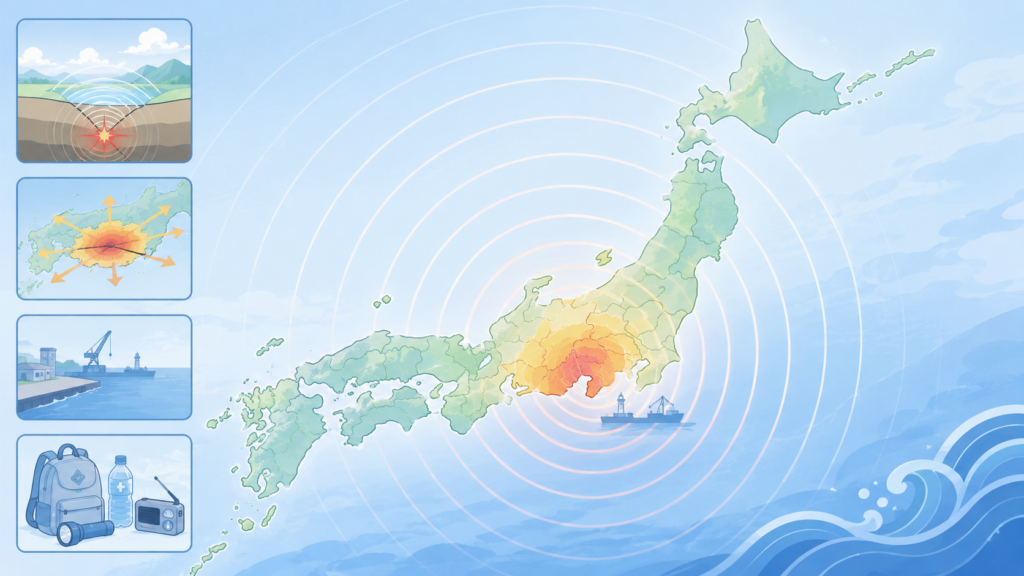 静岡地震の震源と揺れの広がりを示す防災図解イラスト