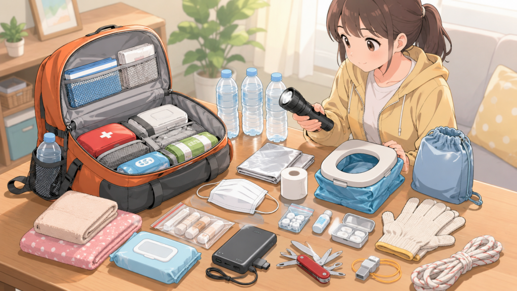 防災リュックの中身を確認するアニメイラスト