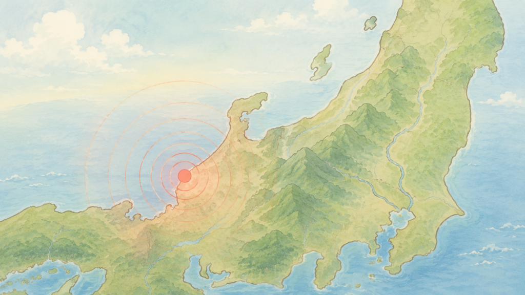 福井地震の震源地と被害範囲を示す北陸地方の地図イラスト