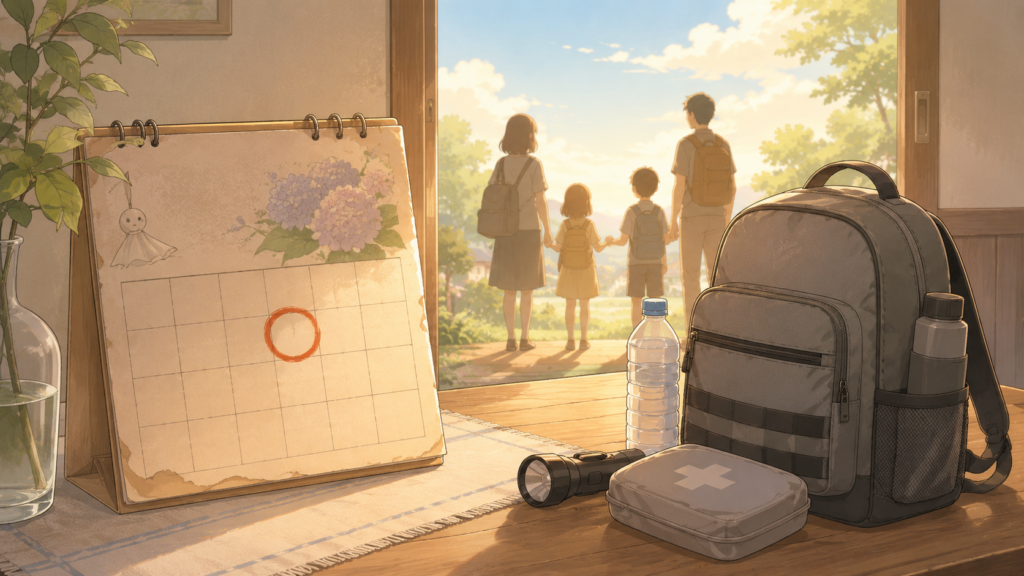 6月14日の防災カレンダーと防災リュックのイラスト