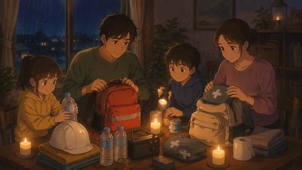 夜間台風接近時に屋内で避難準備をする家族のイラスト