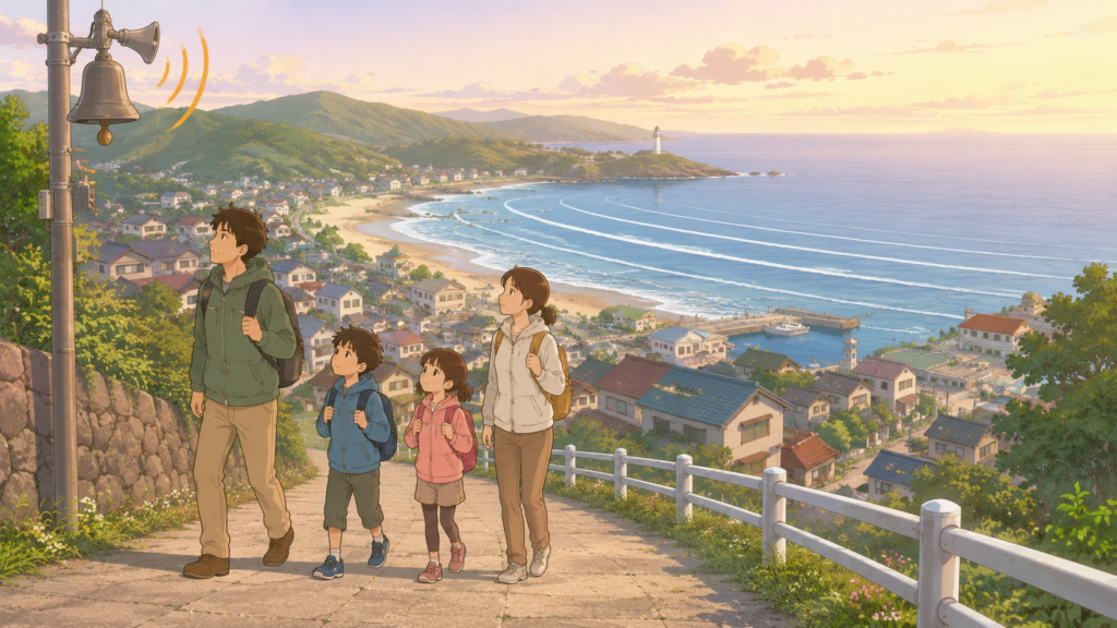揺れがなくても津波が来ることを示す沿岸の避難シーンのやさしいイラスト