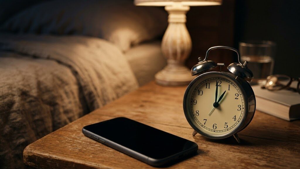 夜間に電源オフになっているスマートフォンと目覚まし時計のベッドサイドの様子