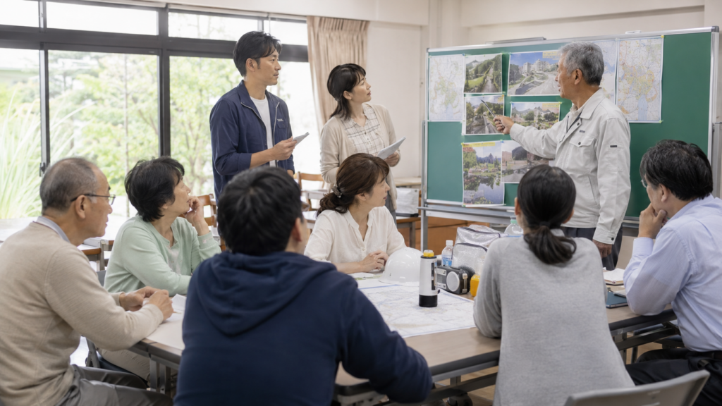 マンション管理組合で防災ルールを話し合う住民