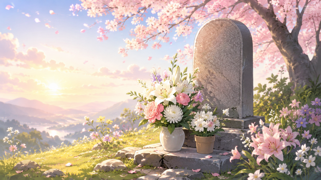 犠牲者への追悼をイメージした丘の記念碑と献花のイラスト