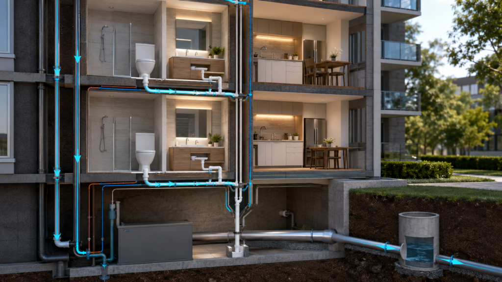 マンションの排水管の仕組みと逆流リスクを示す教育的イラスト