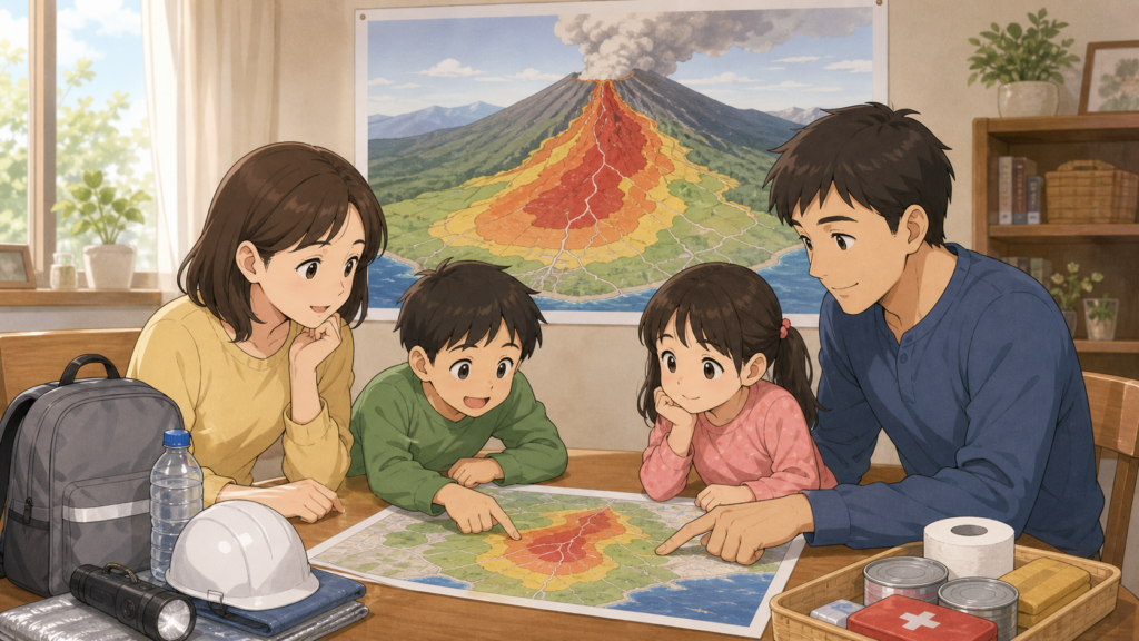 家族で火山ハザードマップを確認している防災学習イラスト