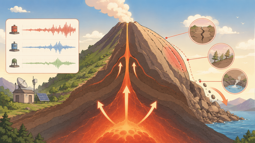地震計と火山内部のメカニズムを図解したアニメイラスト