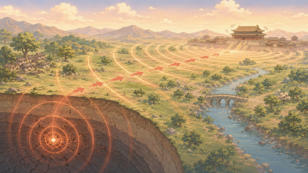 地震の揺れが遠く離れた都まで伝わる仕組みを示す図解イラスト
