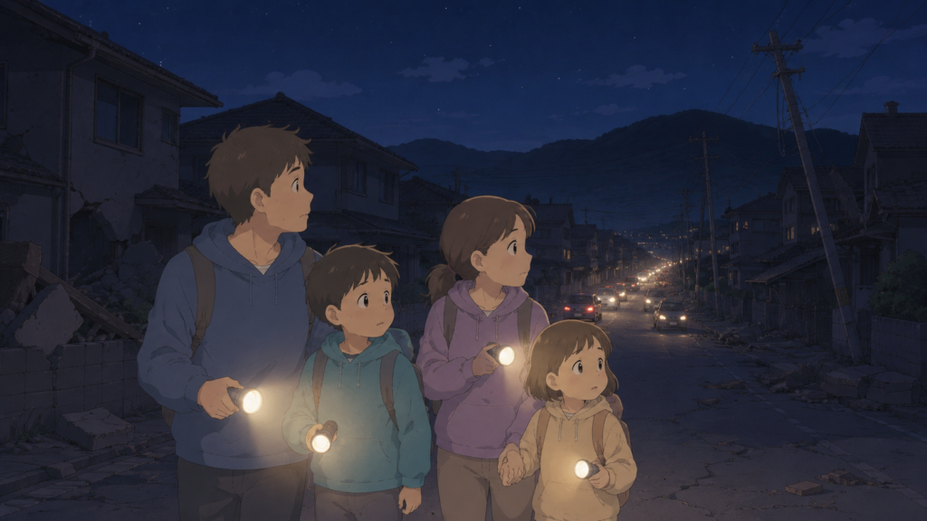 夜間停電と津波避難時の渋滞課題を表す防災イラスト